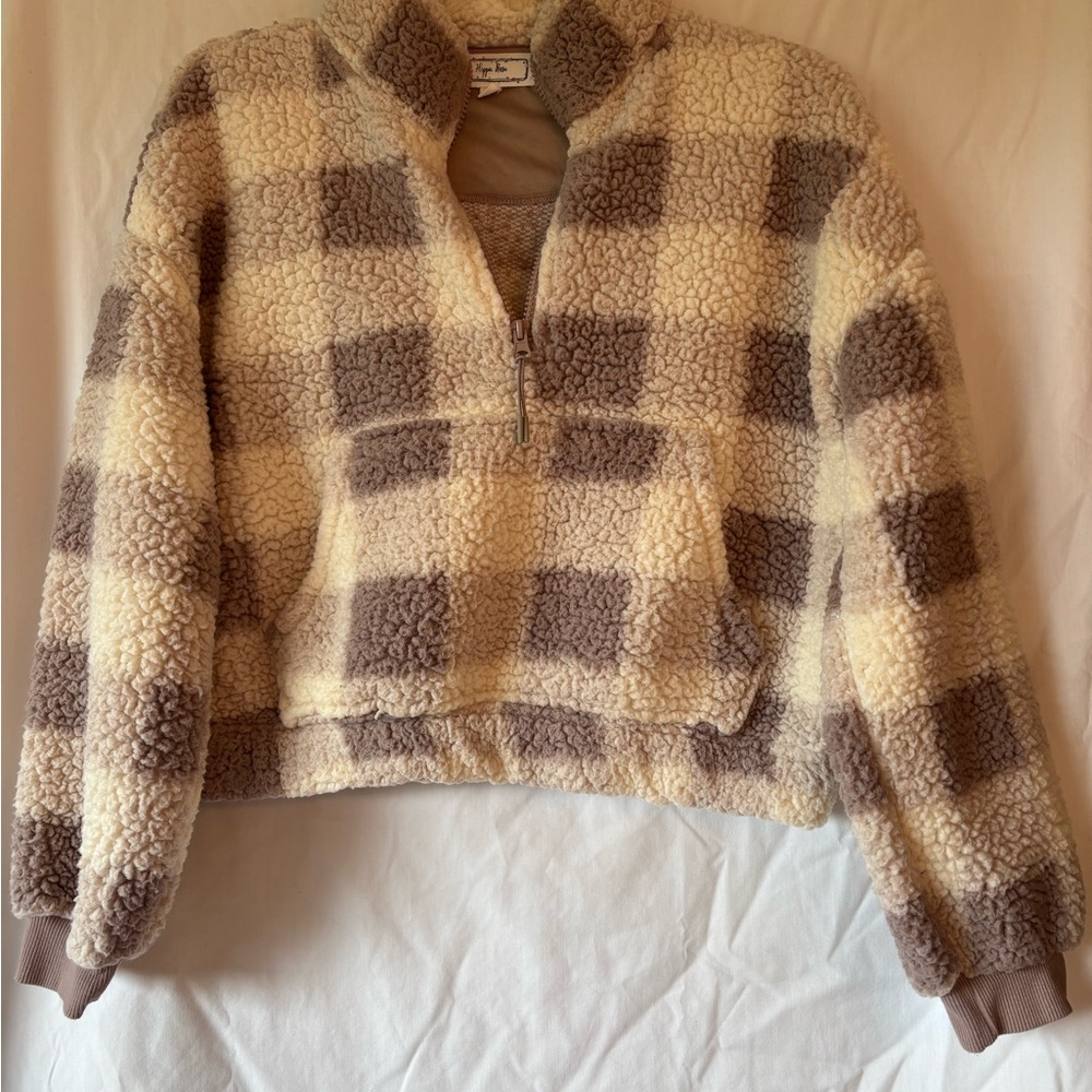 Hippie Rose Plaid Teddy Jacket in Cream and Brown